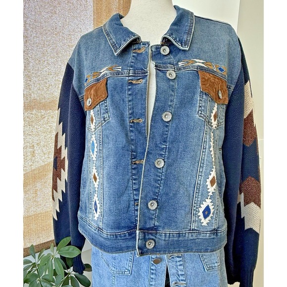 Scully Denim Jacket 2XL Aztec Embroidered Knit Sleeve Western Boho Stretch - Picture 2 of 12